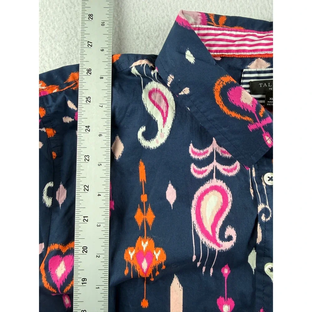 Talbots Petite XLP Navy Blue Ikat Paisley Cotton Button Up Shirt Long Sleeve - Picture 6 of 8